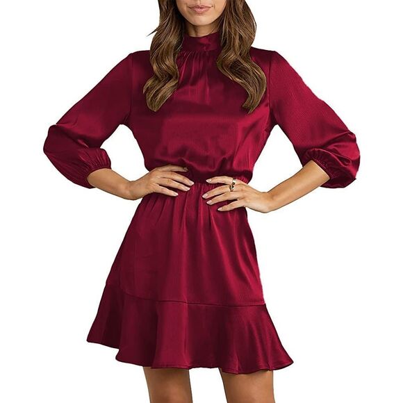 Burgundy size small Satin Short Dress Long Lantern Sleeve Ruffle A-Line Mini Dre - Picture 1 of 10